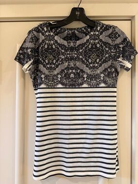 Women's Black and White Striped Lace-Print Short Sleeve Top